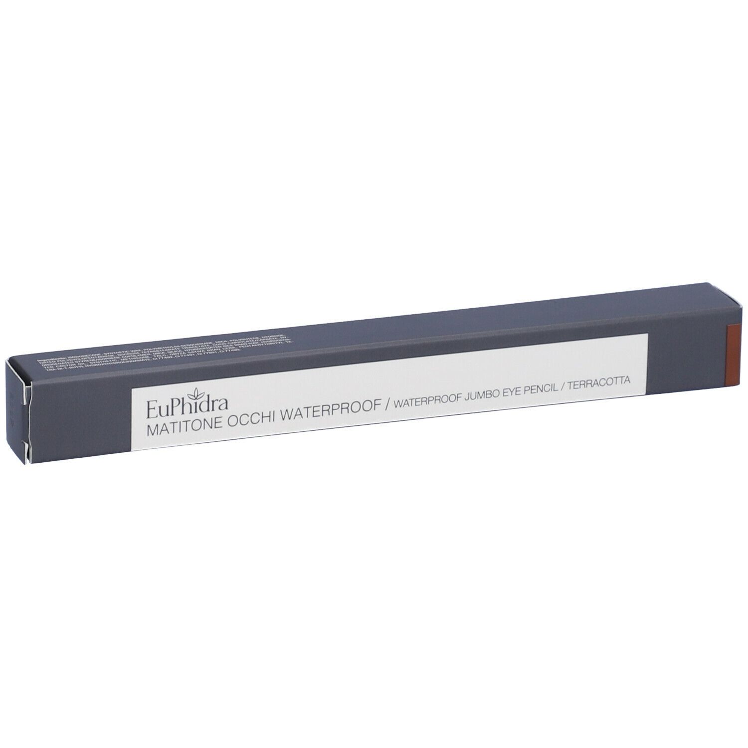 Confezione grigio scuro con etichetta bianca. Contiene Euphidra Matitone Occhi Waterproof WP23 Terracotta. Dettagli marroni.