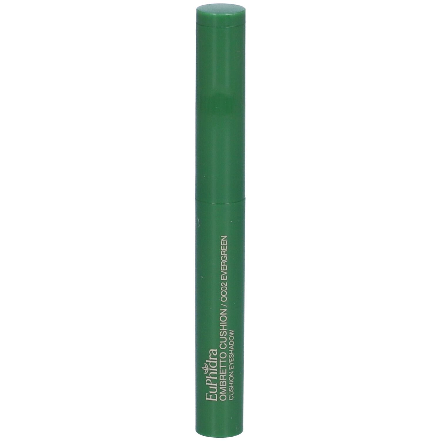Ombretto verde a forma di stick. Scritta: Euphidra Ombretto Cushion OC02 EVERGREEN. Forma cilindrica con tappo.