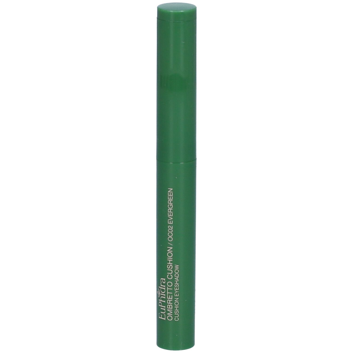 Ombretto verde a forma di stick. Scritta: Euphidra Ombretto Cushion OC02 EVERGREEN. Forma cilindrica con tappo.