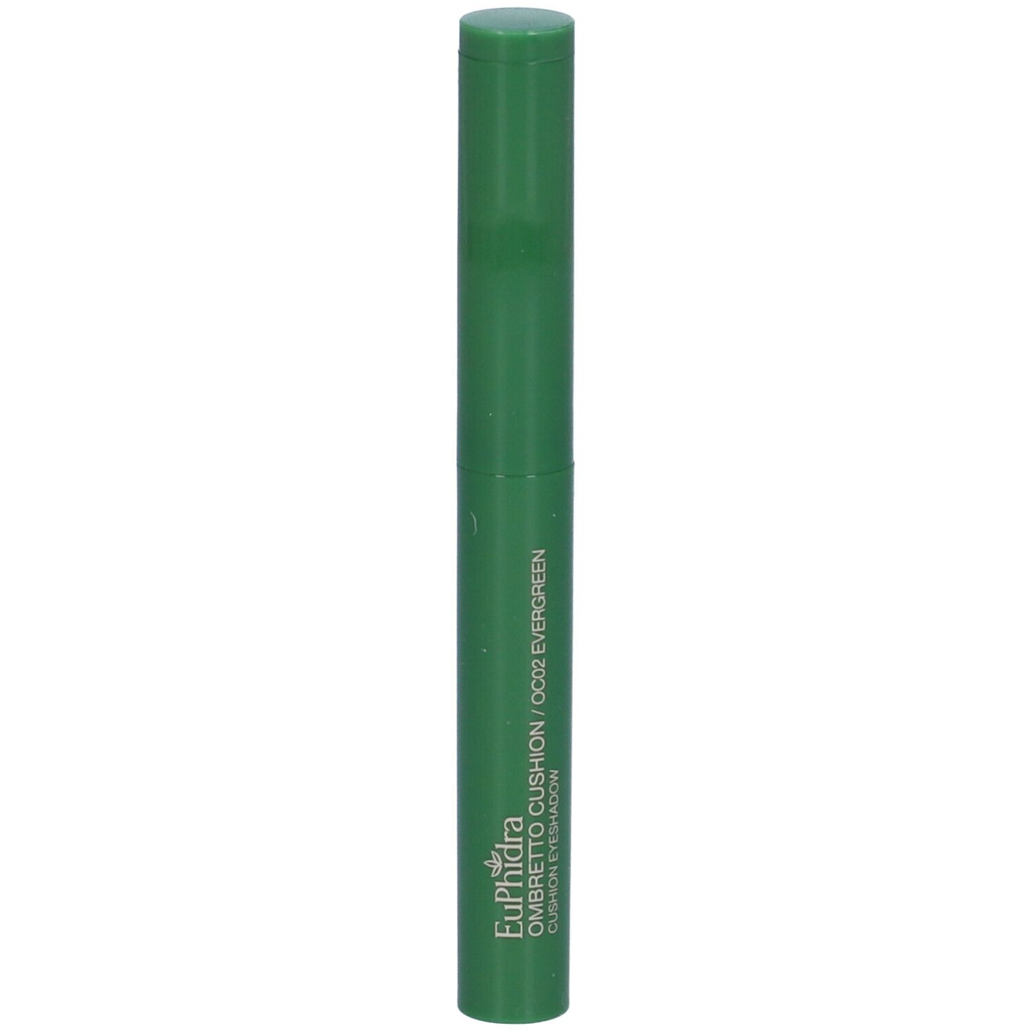 Ombretto verde a forma di stick. Scritta: Euphidra Ombretto Cushion OC02 EVERGREEN. Forma cilindrica con tappo.