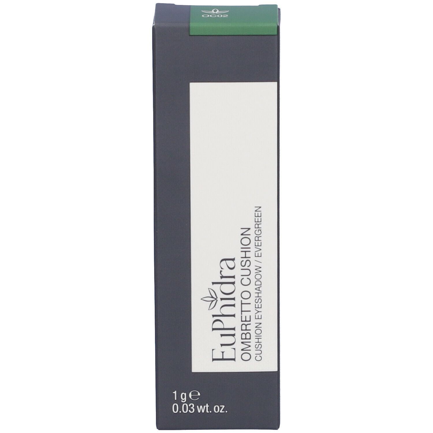 Confezione con scritta: Euphidra Ombretto Cushion OC02 EVERGREEN. 1 g e 0,03 oz.
