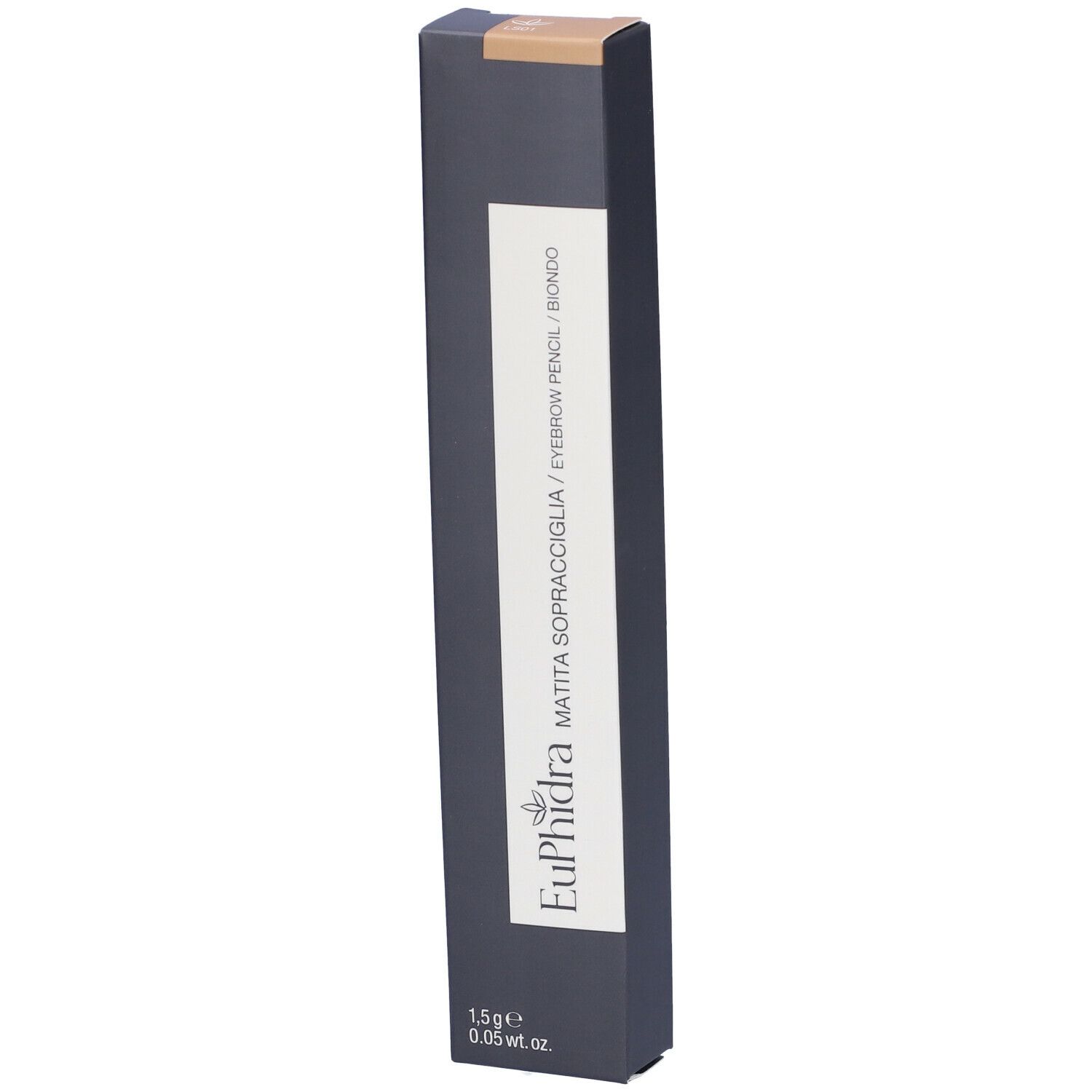 Confezione nera con testo. Contiene matita per sopracciglia. Scritta: Euphidra, Matita Sopracciglia, Biondo. 1,5g.