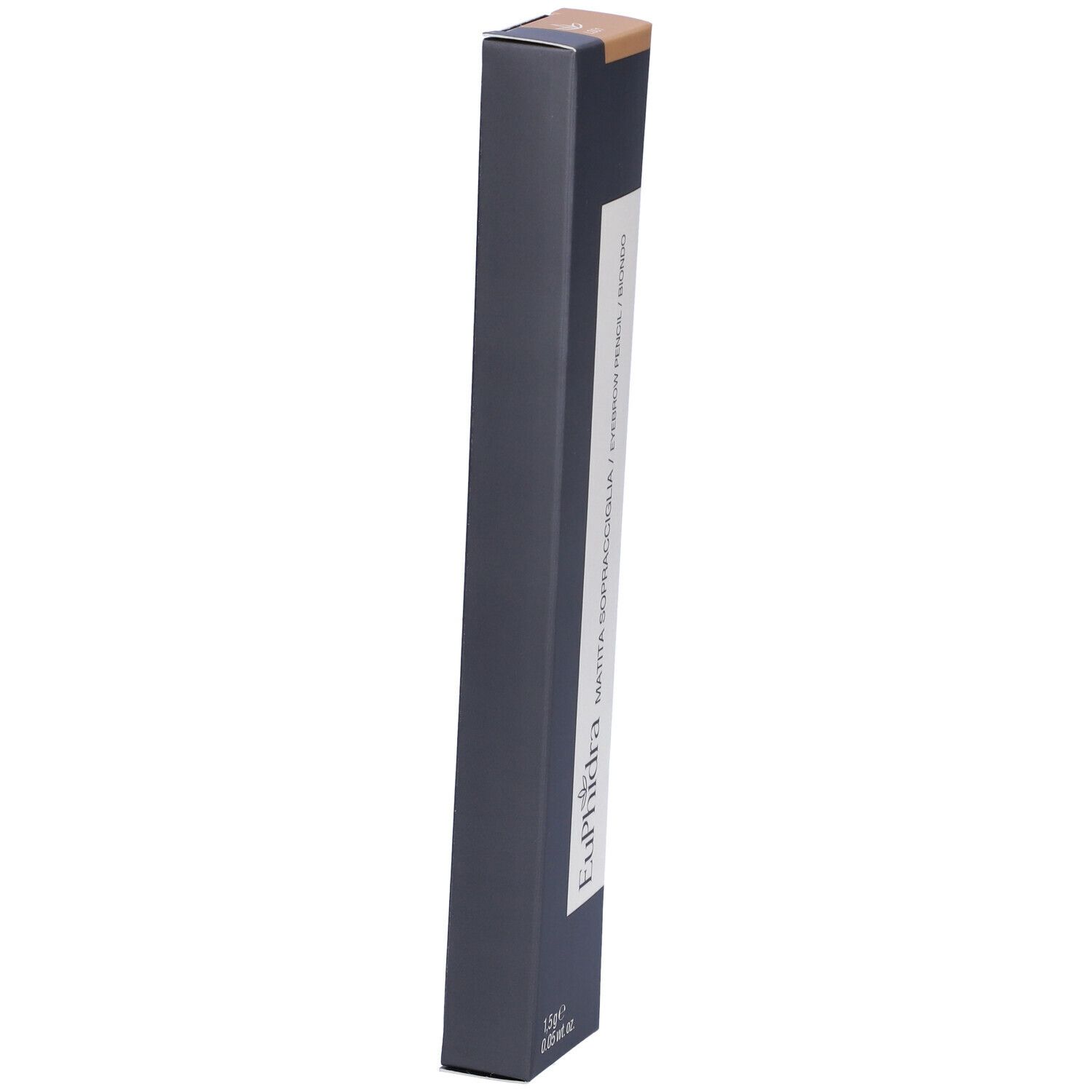Confezione nera con matita per sopracciglia. Scritta: Euphidra, Matita Sopracciglia, Biondo. 1,5g. Vista obliqua.