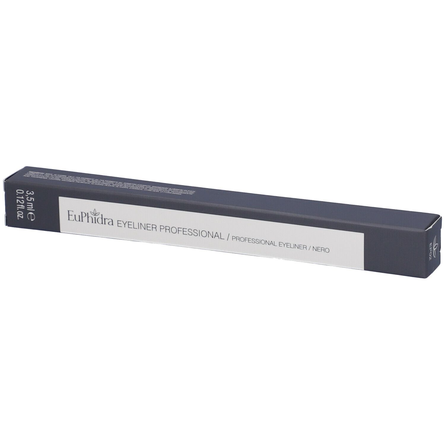 Confezione grigio scuro con fascia bianca. Scritta: Euphidra Eyeliner Professional. Volume: 3,5 ml.