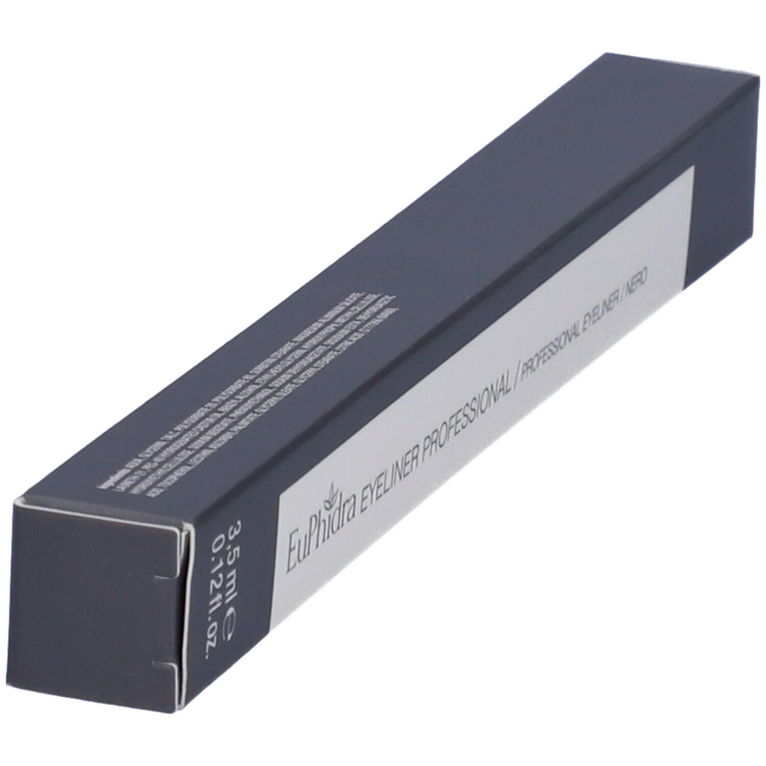 Confezione oblunga grigio scuro. Scritta: Euphidra Eyeliner Professional. Volume: 3,5 ml. Vista obliqua.