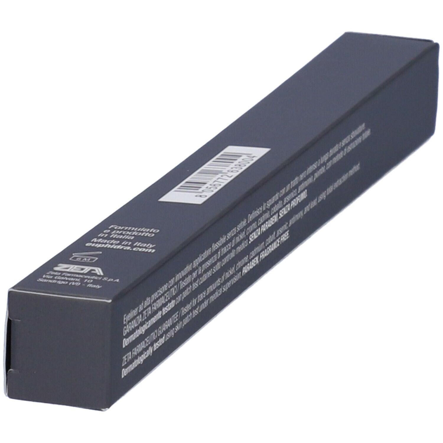 Confezione grigio scuro con testo e codice a barre. Scritta: Euphidra Eyeliner Professional. Prodotto in Italia.