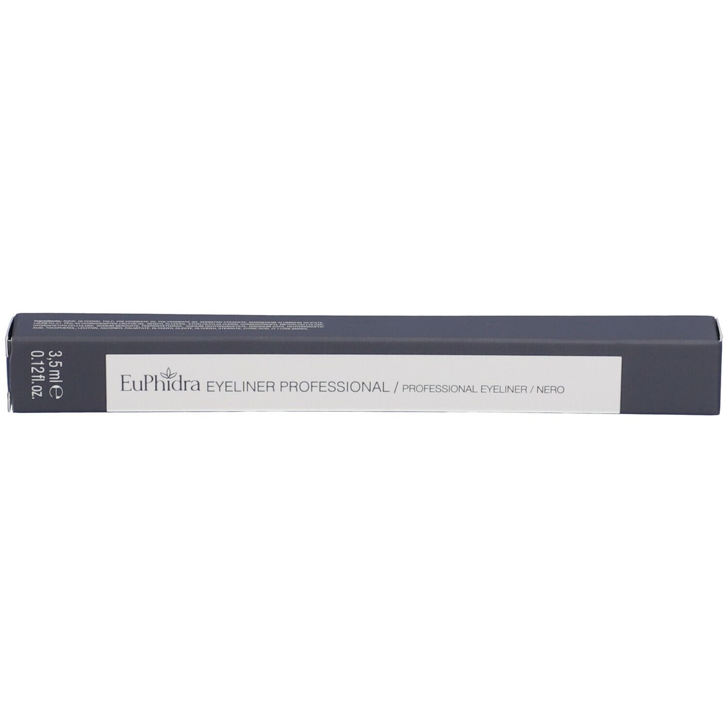 Confezione grigio scuro con fascia bianca. Scritta: Euphidra Eyeliner Professional. Volume: 3,5 ml.