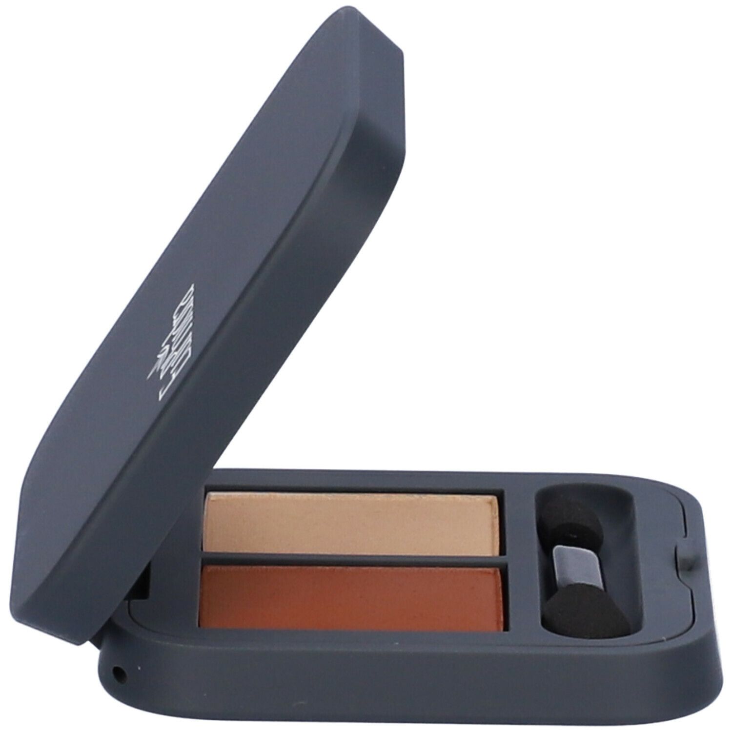 Palette ombretto duo. Astuccio grigio scuro con specchio e applicatore. Astuccio aperto.