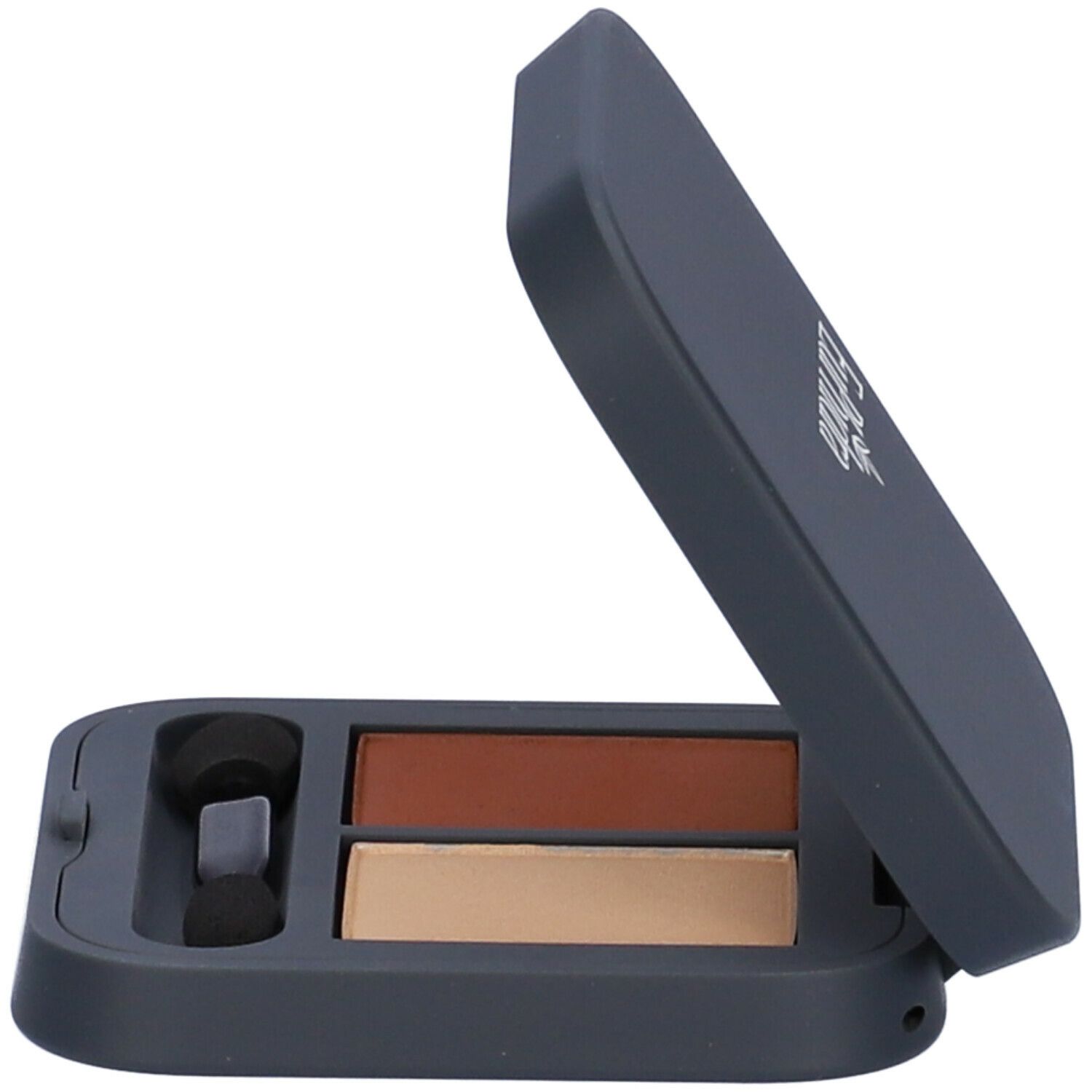 Palette ombretto grigio scuro con due tonalità. Astuccio aperto. Applicatore e specchio visibili.