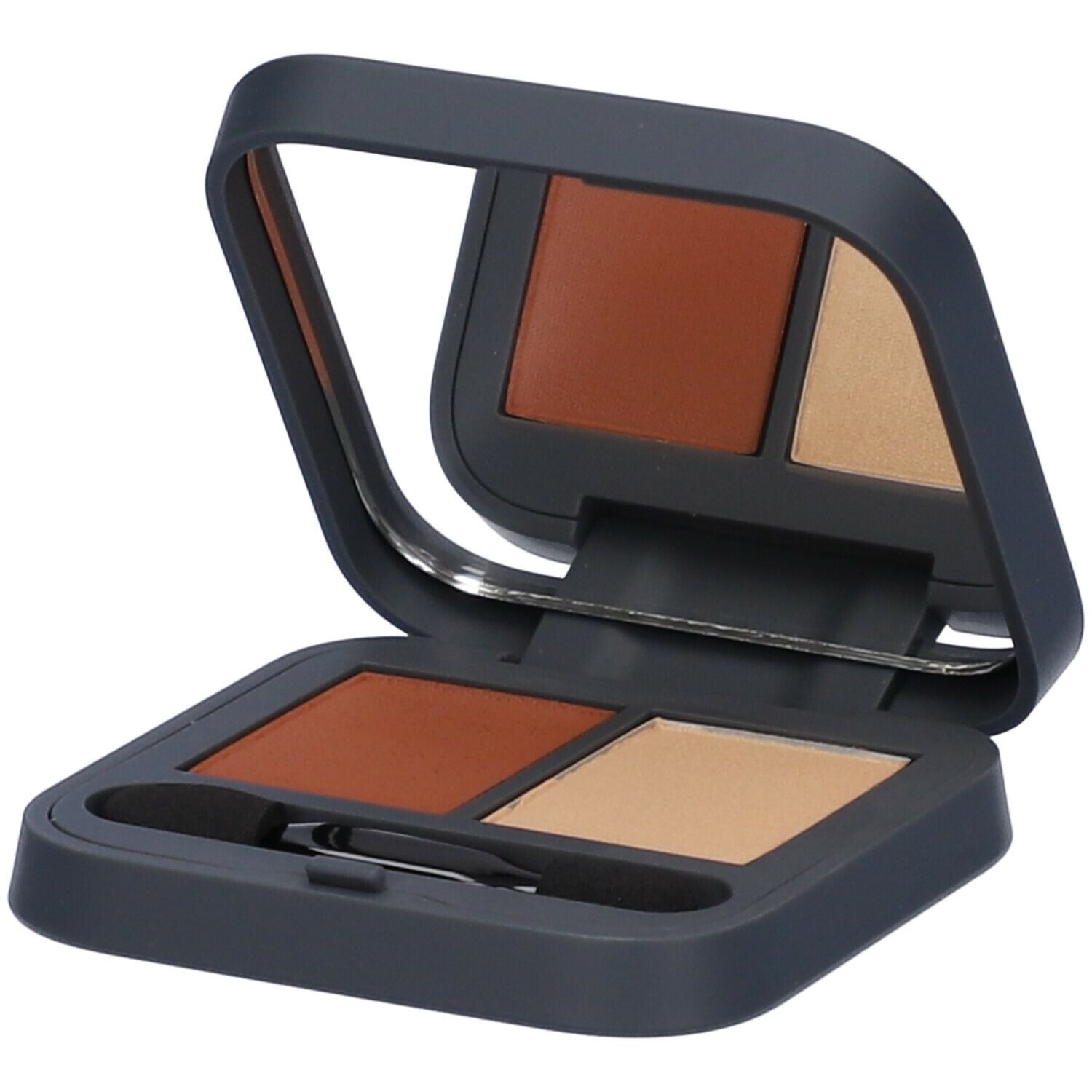Palette ombretto duo. Astuccio grigio scuro con specchio e applicatore. Astuccio aperto.