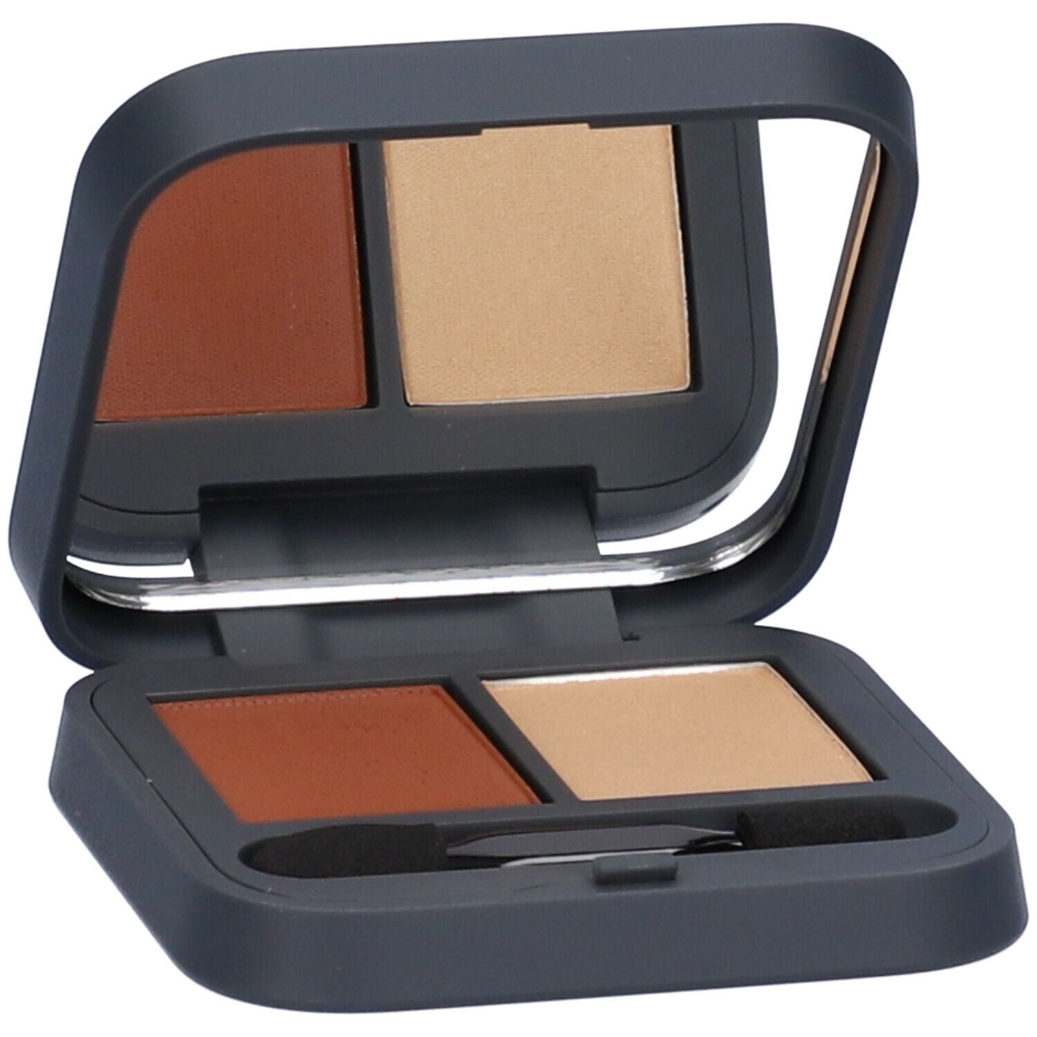 Palette ombretto duo. Astuccio grigio scuro con specchio e applicatore. Astuccio aperto.