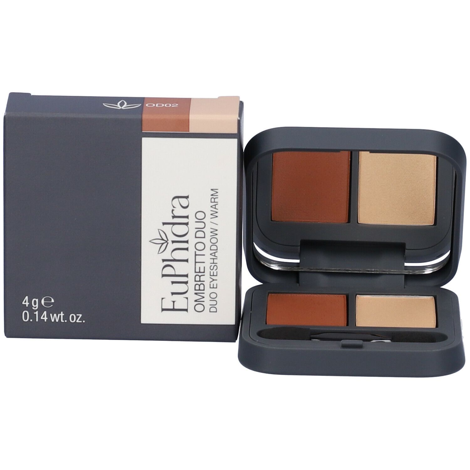 Palette ombretto duo con confezione. Astuccio grigio scuro con due tonalità. Confezione con nome del prodotto.