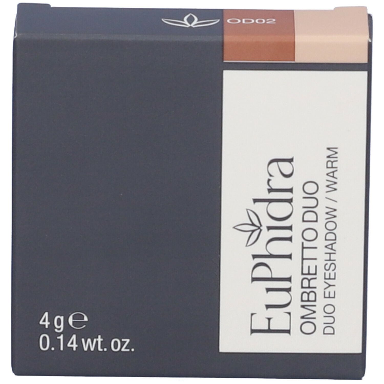 Confezione della palette ombretto duo. Scatola grigio scuro con nome e informazioni del prodotto.
