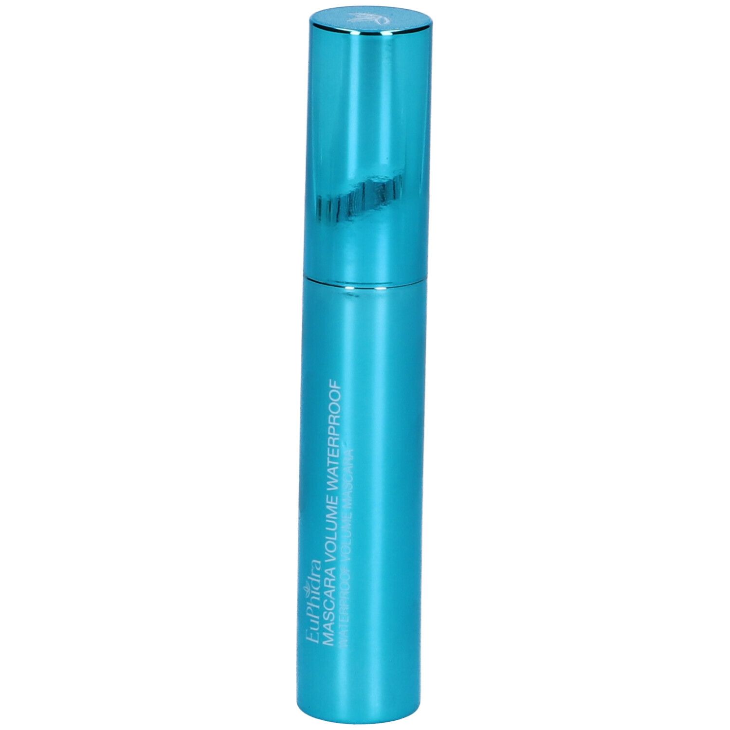 Türkisfarbene Mascara-Verpackung mit Aufschrift "Euphidra Mascara Volume Waterproof".