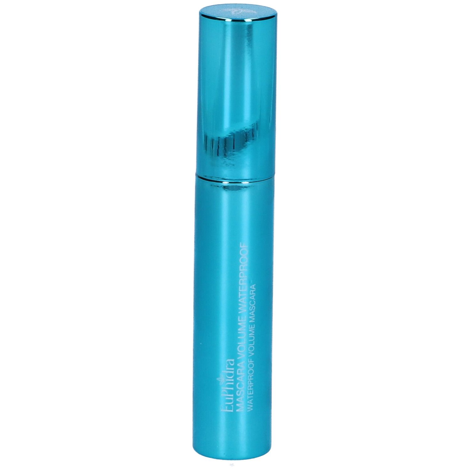 Türkisfarbene Mascara-Verpackung mit silbernem Deckel. Beschriftung: Eudermia, Mascara Volume Waterproof.