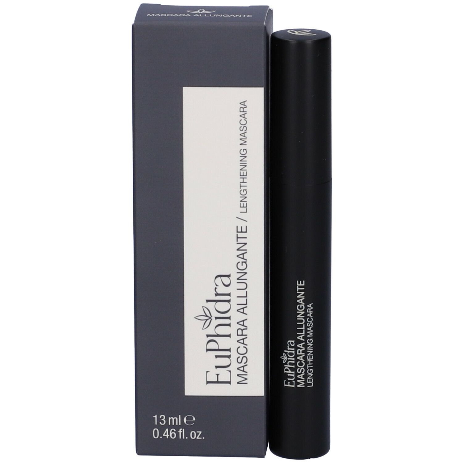 Tubo di mascara nero e confezione. Scritta: Euphidra Mascara Allungante, 13 ml.