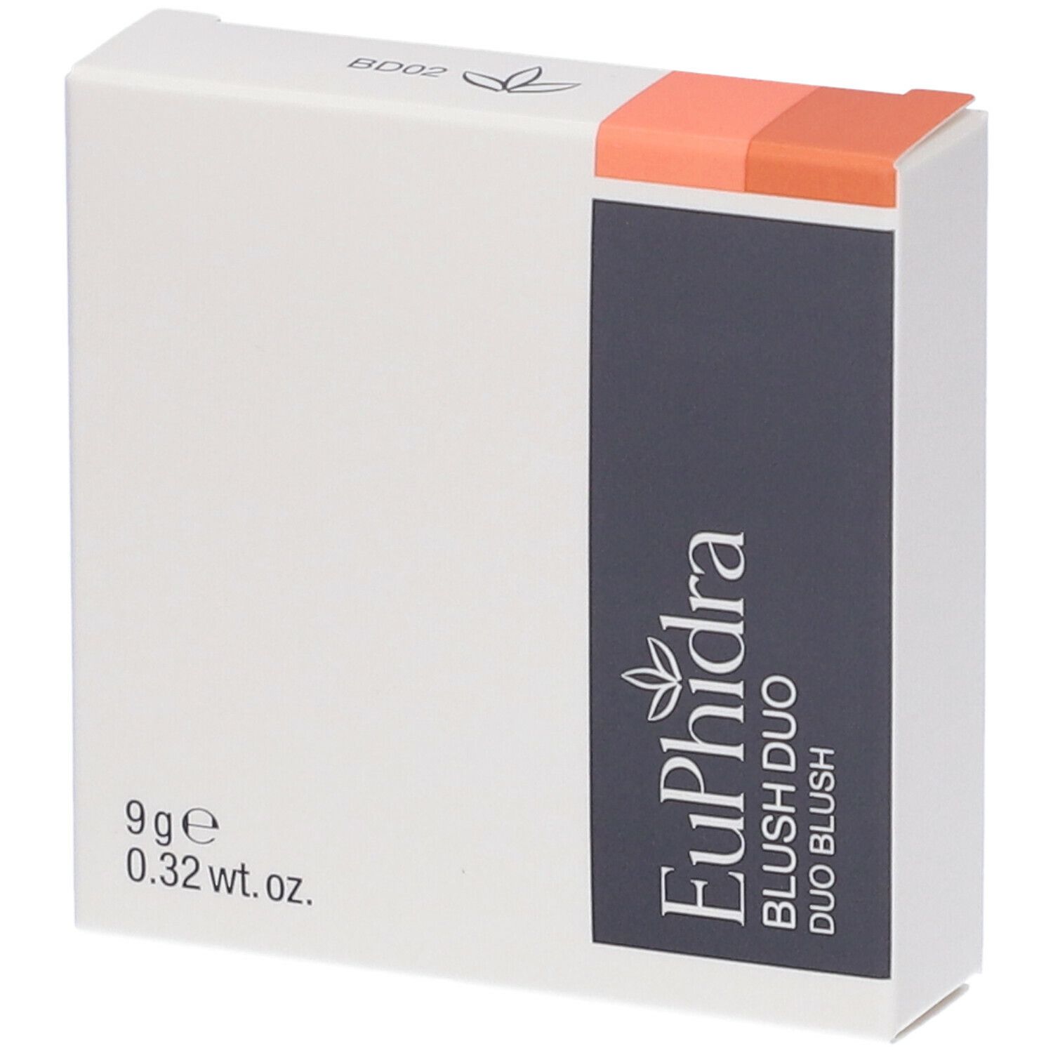 Scatola bianca Euphidra Blush Duo. Contiene 9g. Parte superiore arancione, striscia grigia con nome del prodotto.