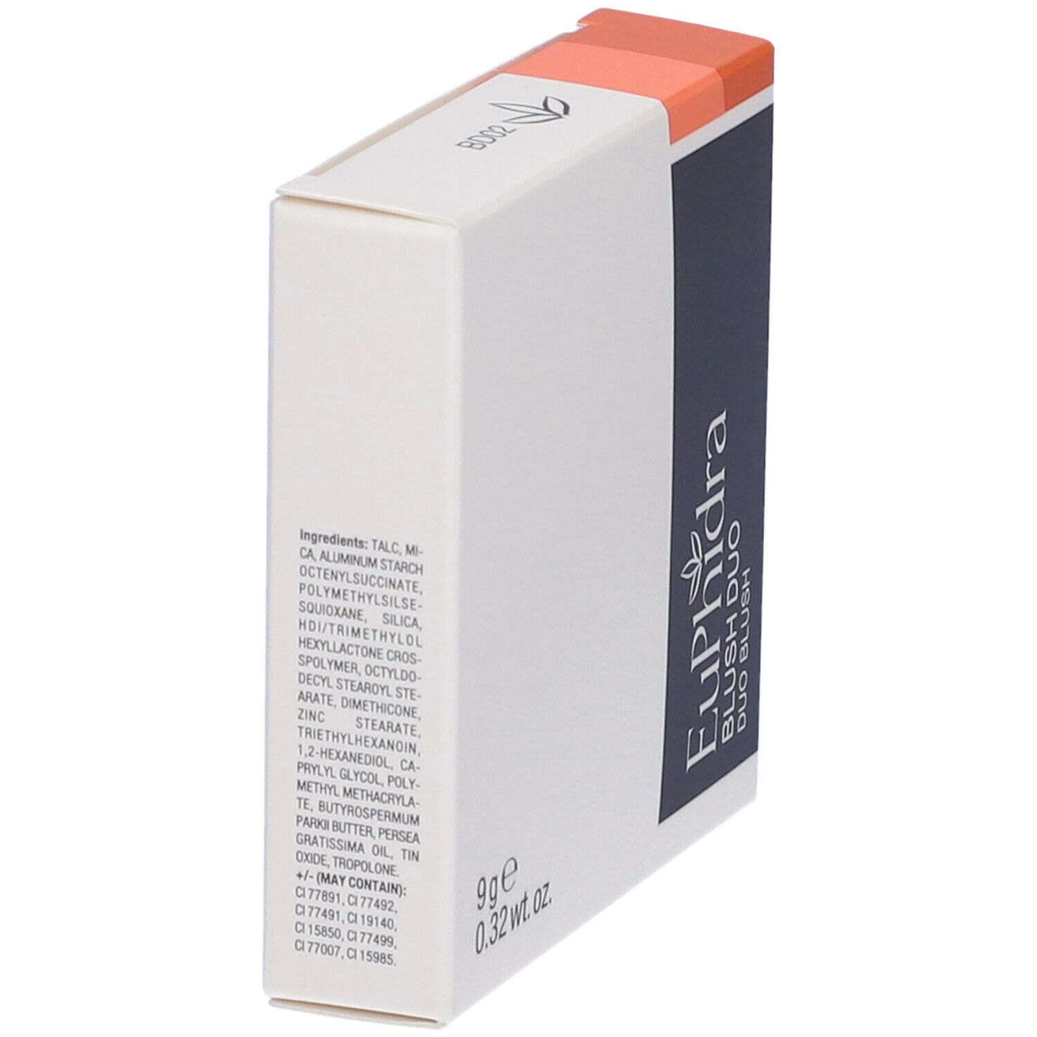 Scatola bianca con ingredienti e Euphidra Blush Duo. Contiene 9g. Parte superiore arancione, striscia grigia con nome del prodotto.