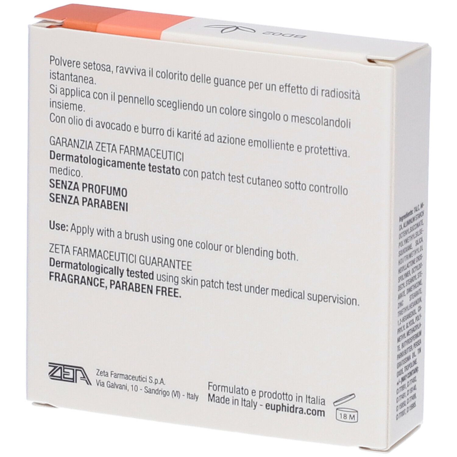 Retro della scatola bianca con testo. Contiene 'GARANZIA ZETA FARMACEUTICI' e 'SENZA PROFUMO'.