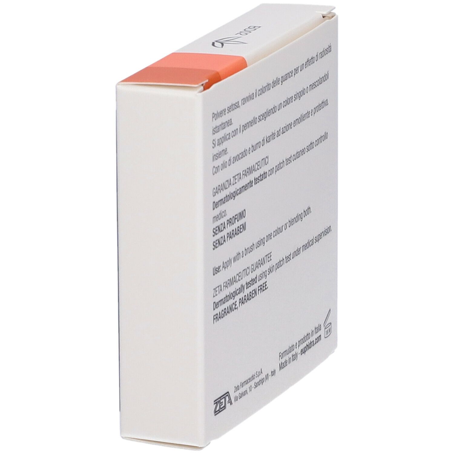 Vista laterale della scatola bianca con testo. Contiene 'GARANZIA ZETA FARMACEUTICI' e 'SENZA PROFUMO'.