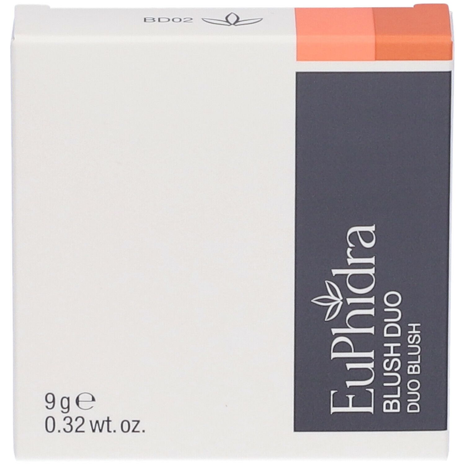 Scatola bianca Euphidra Blush Duo. Contiene 9g. Parte superiore arancione, striscia grigia con nome del prodotto.