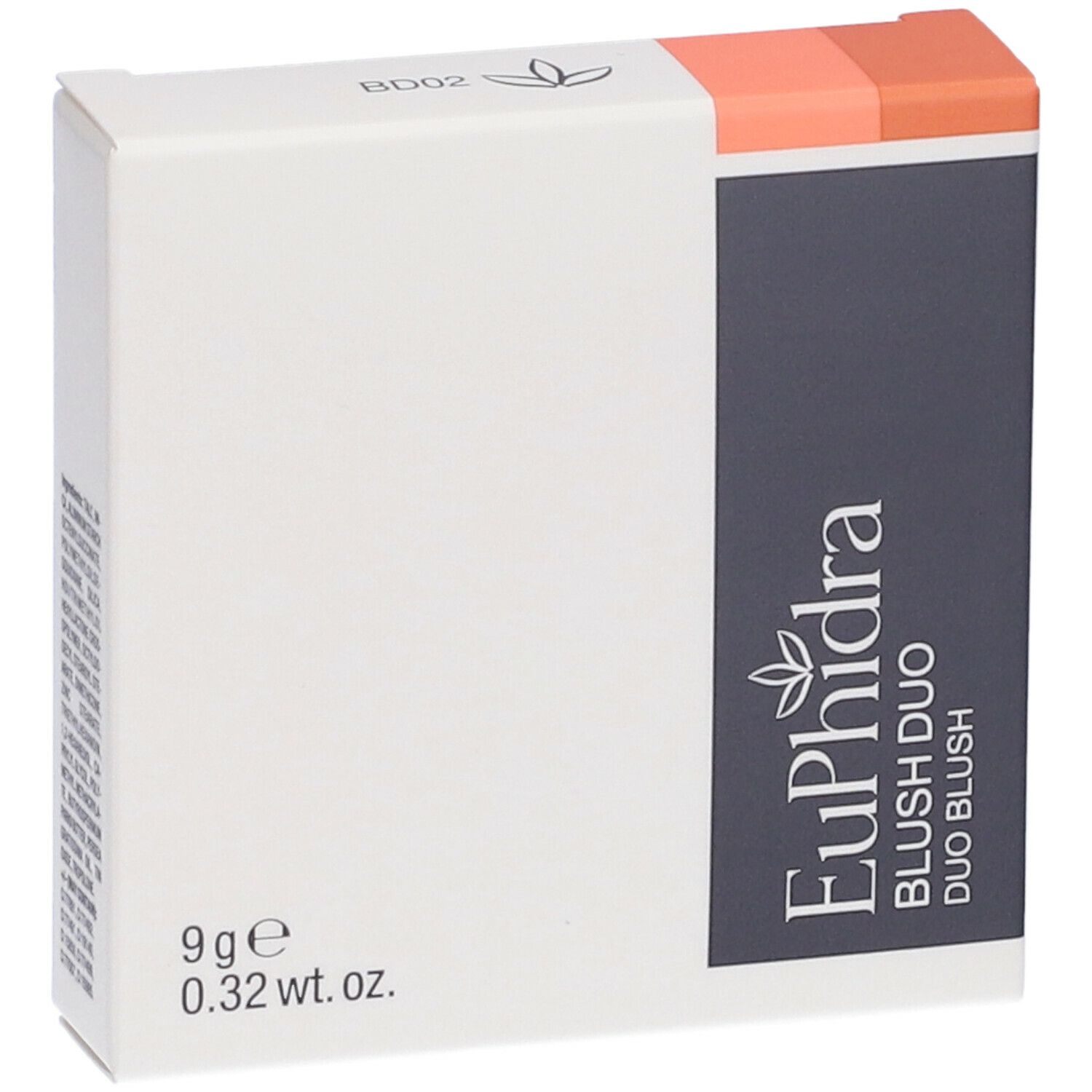 Scatola bianca Euphidra Blush Duo. Contiene 9g. Parte superiore arancione, striscia grigia con nome del prodotto.