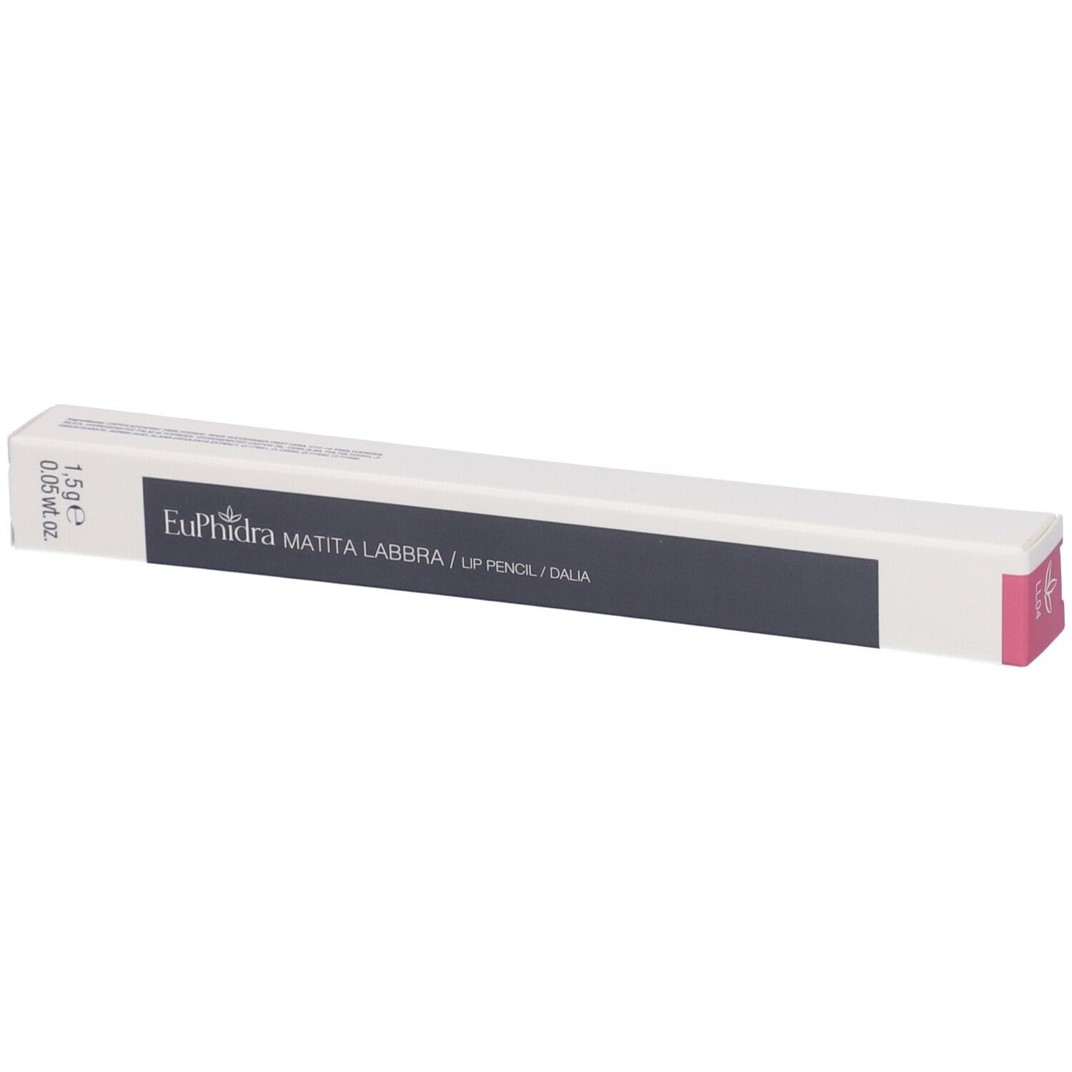 Confezione bianca con nome e logo del prodotto. Scritta: Euphidra Matita Labbra / Lip Pencil / Dalia. Accento rosa.