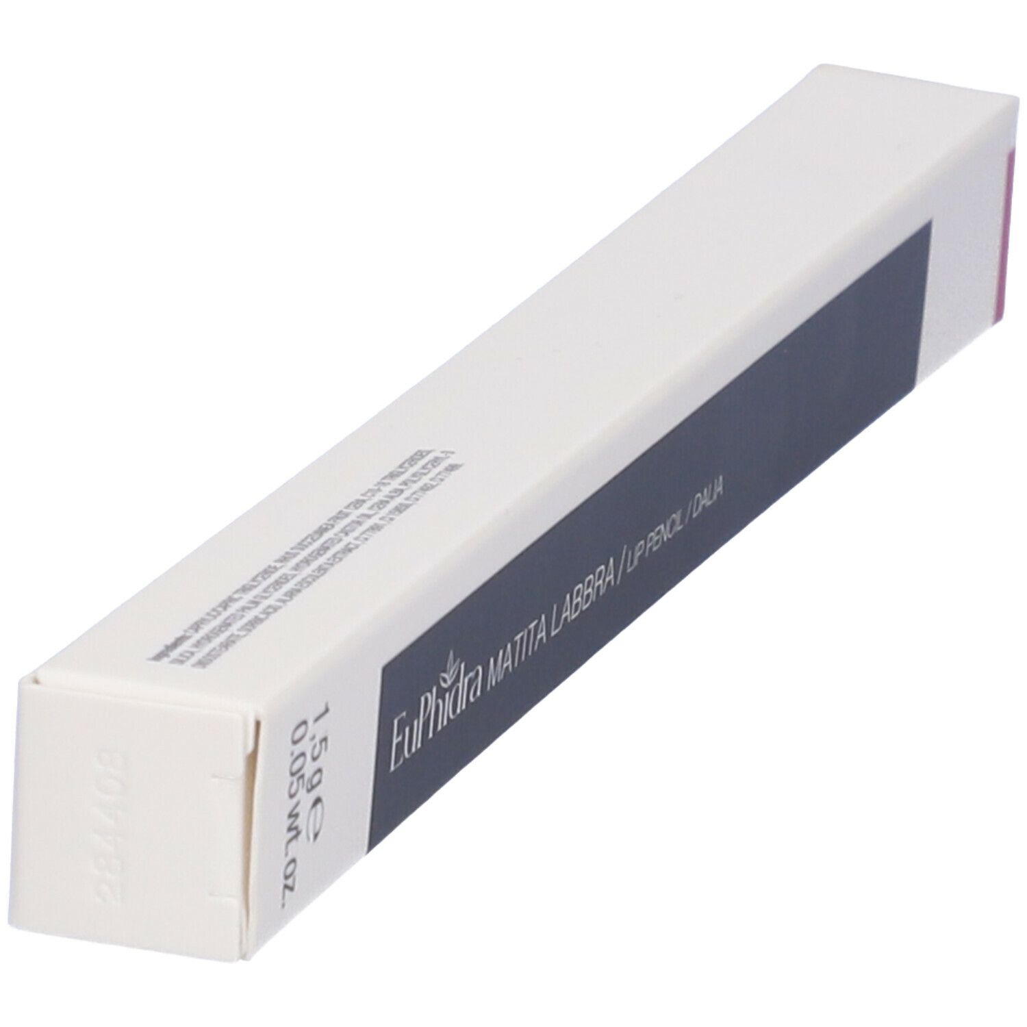 Confezione bianca inclinata. Scritta: Euphidra Matita Labbra / Lip Pencil / Dalia. Striscia grigio scuro. Accento rosa.