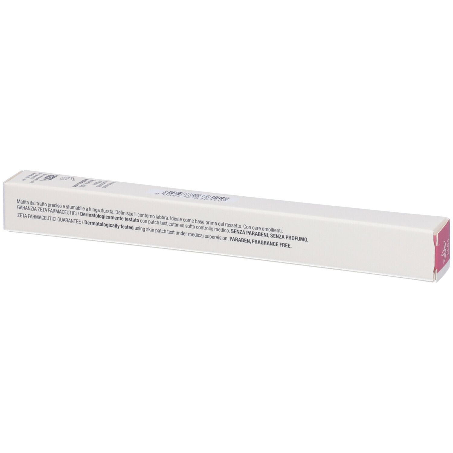 Confezione bianca con testo. Scritta: ZETA FARMACEUTICI GARANZIE. Dermatologicamente testato. Senza parabeni, senza profumo.