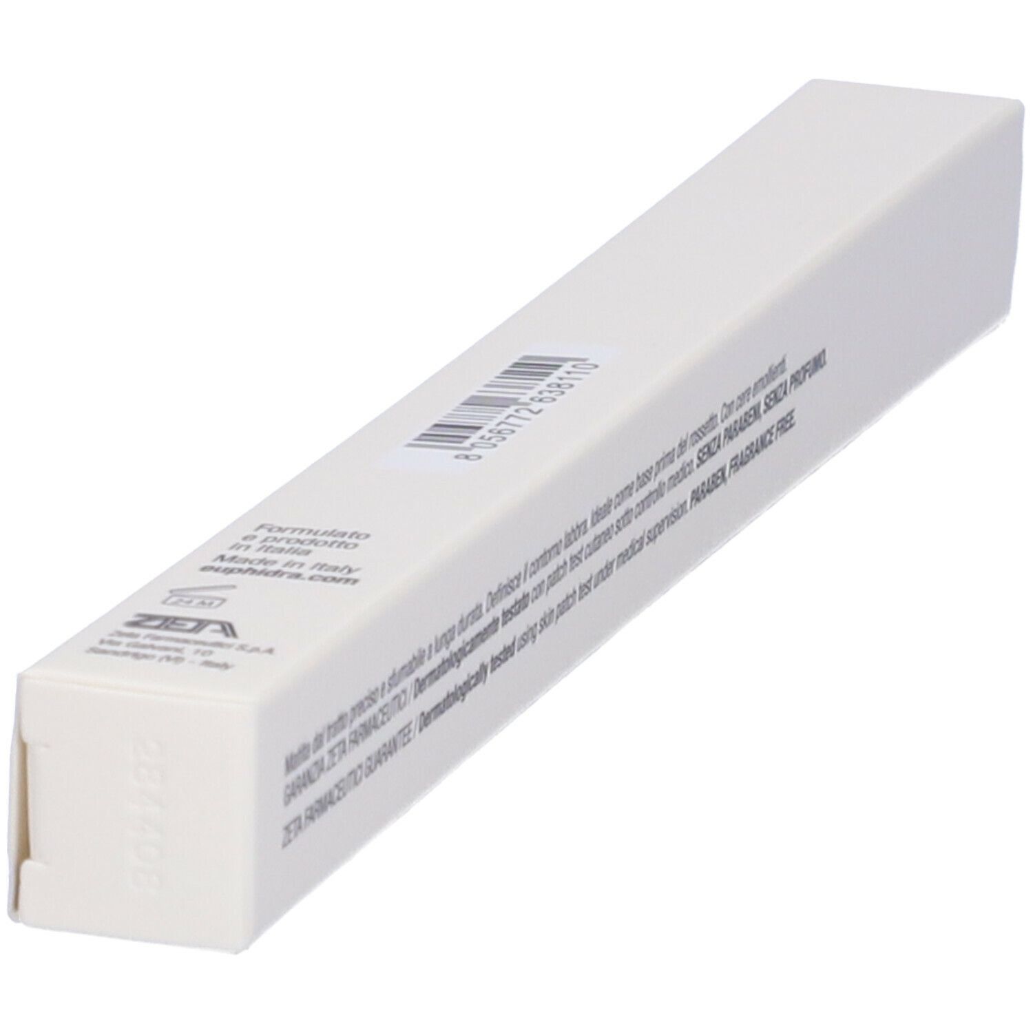 Confezione bianca inclinata. Scritta: ZETA FARMACEUTICI. Codice a barre. Dermatologicamente testato. Senza parabeni, senza profumo.