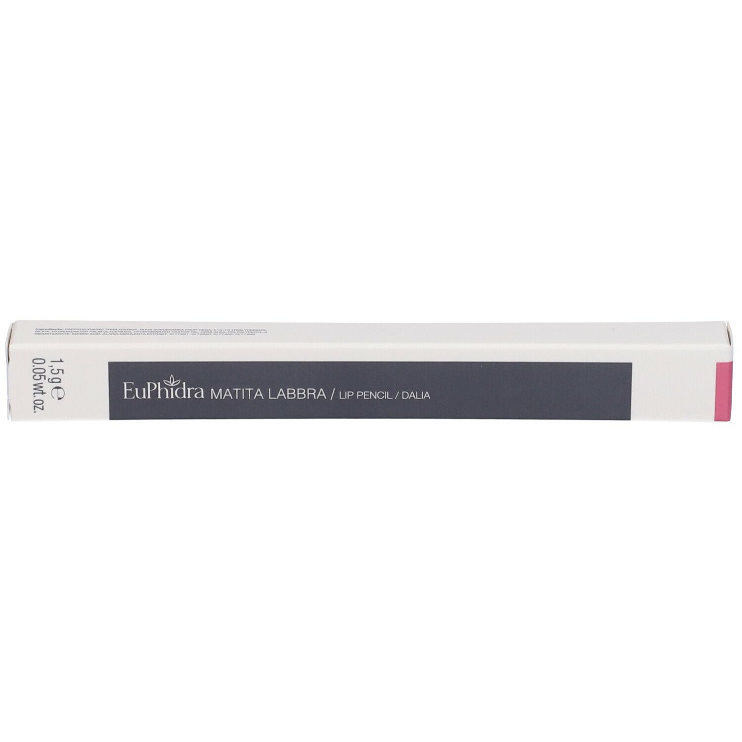 Confezione bianca con nome e logo del prodotto. Scritta: Euphidra Matita Labbra / Lip Pencil / Dalia. Accento rosa.