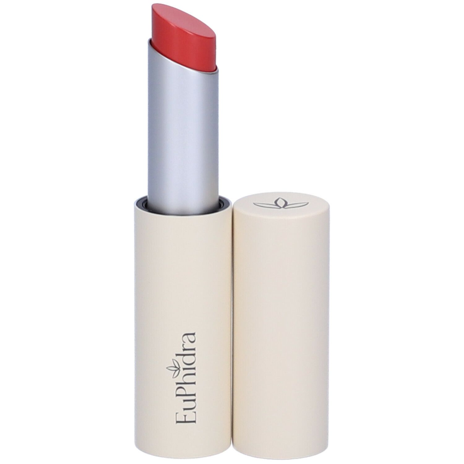 Rossetto rosso, astuccio argento e cappuccio beige. Marchio Euphidra.