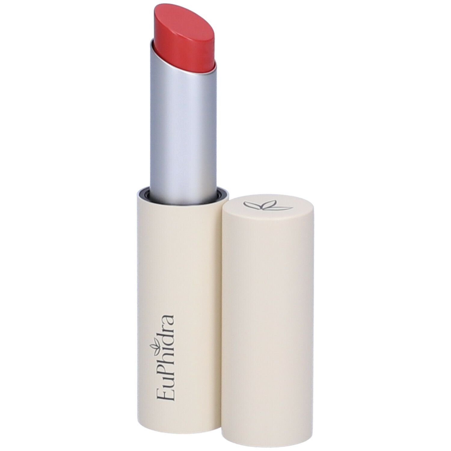 Rossetto rosso, astuccio argento e cappuccio beige. Marchio Euphidra.