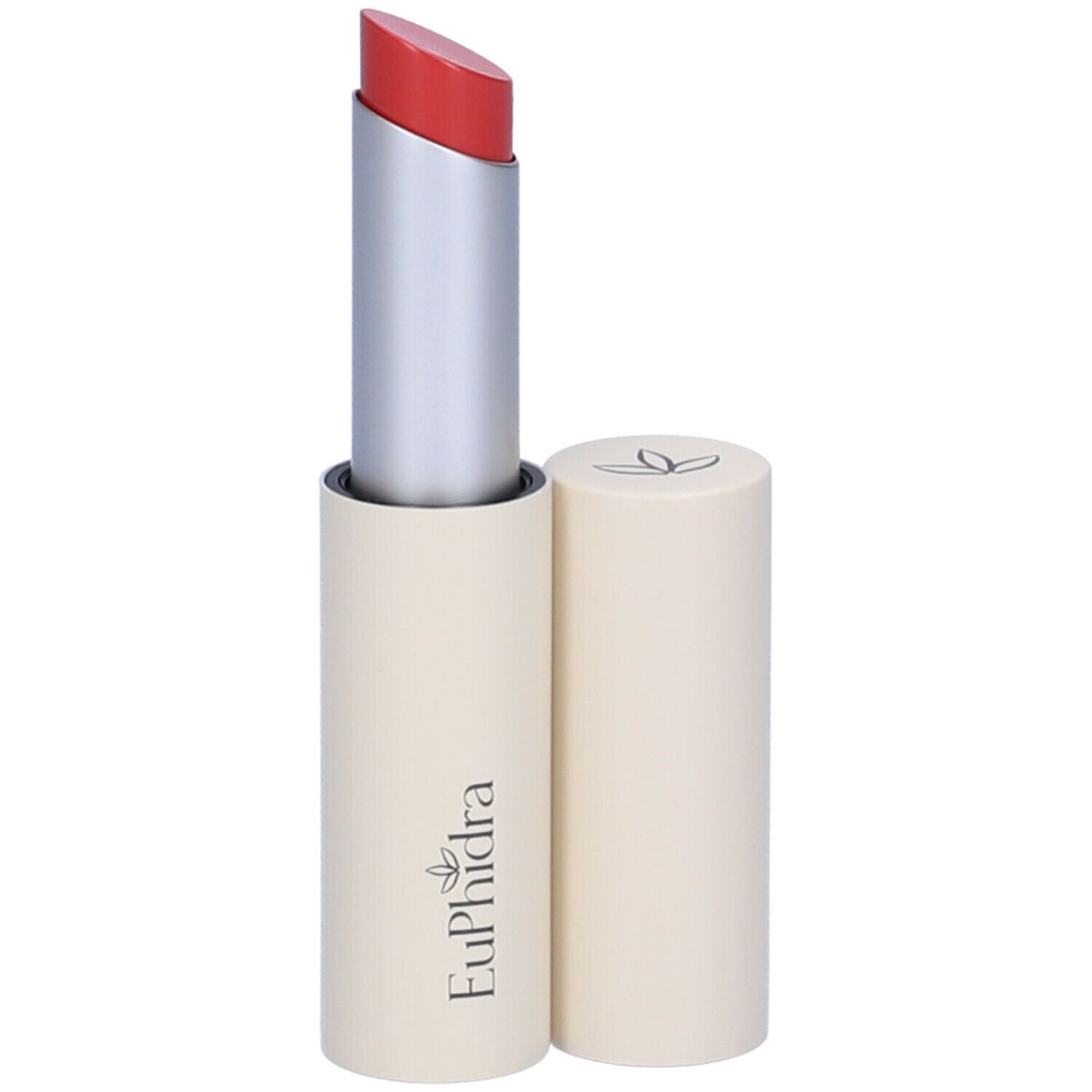 Rossetto rosso, astuccio argento e cappuccio beige. Marchio Euphidra.