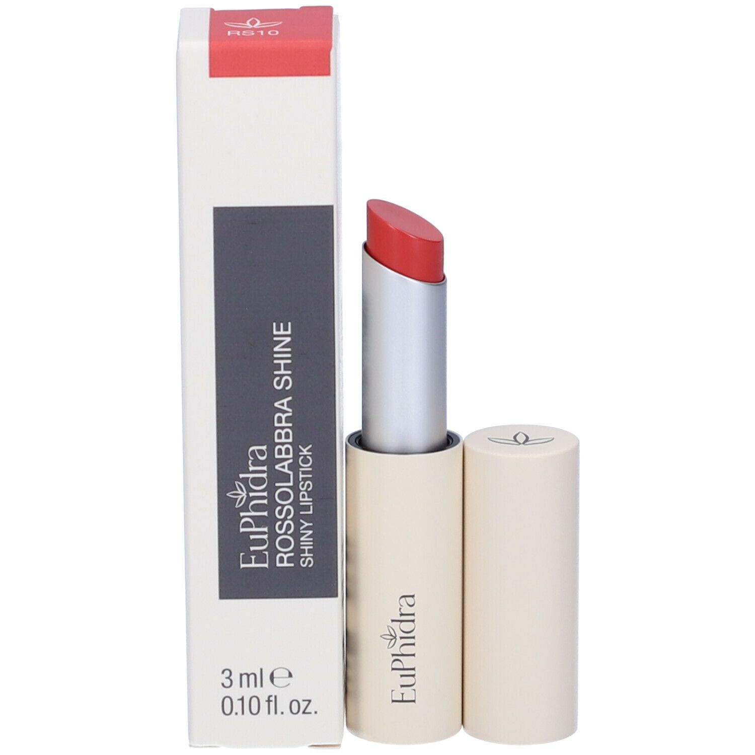 Rossetto con confezione. Rosso, astuccio argento, cappuccio beige. Marchio Euphidra.