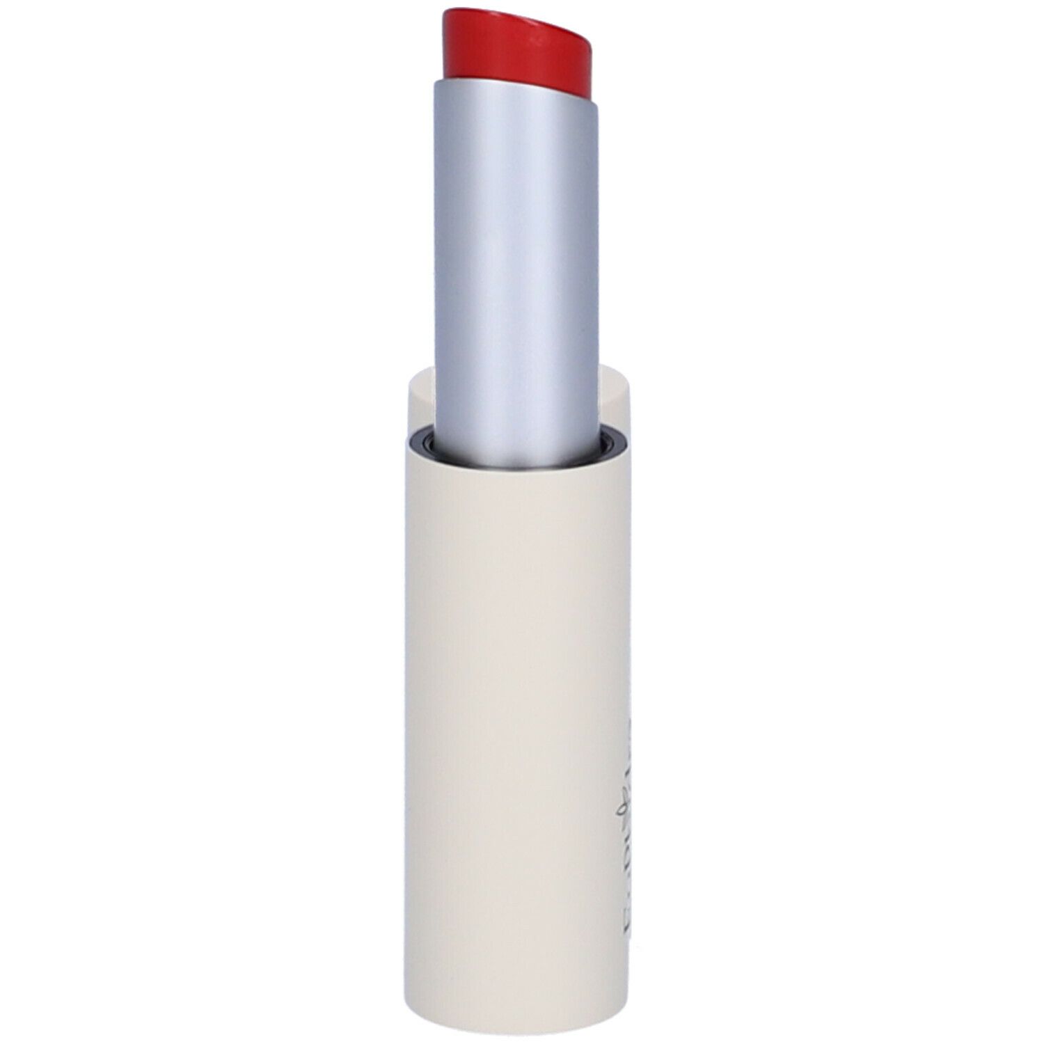 Rossetto rosso, astuccio argento e base beige. Marchio Euphidra.