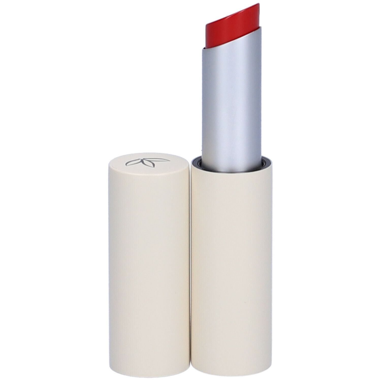 Rossetto rosso, astuccio argento e base beige. Marchio Euphidra.