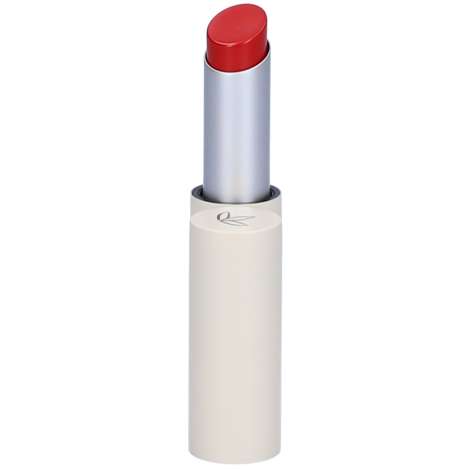 Rossetto rosso, astuccio argento e base beige. Marchio Euphidra.