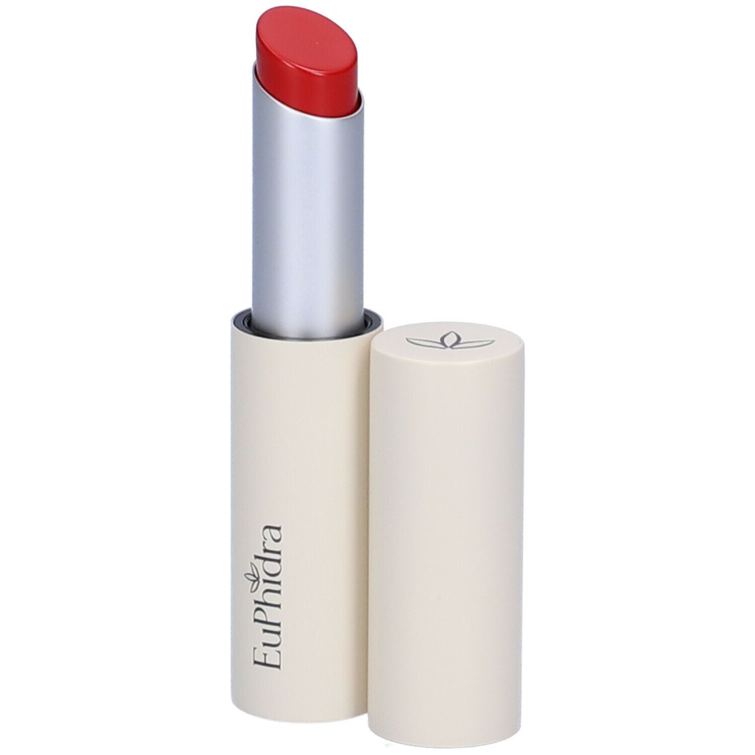 Rossetto rosso, astuccio argento e base beige. Marchio Euphidra.