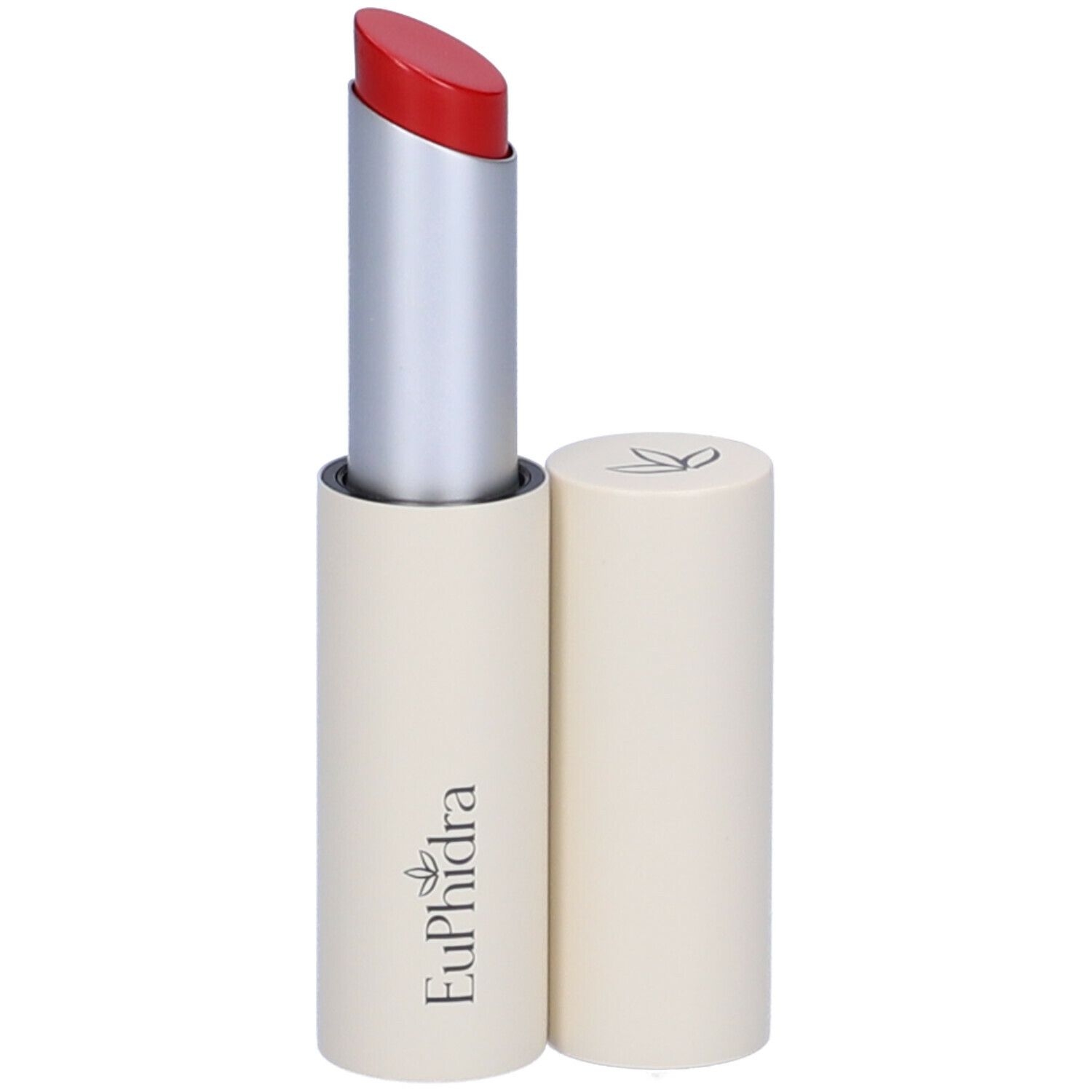 Rossetto rosso, astuccio argento e base beige. Marchio Euphidra.