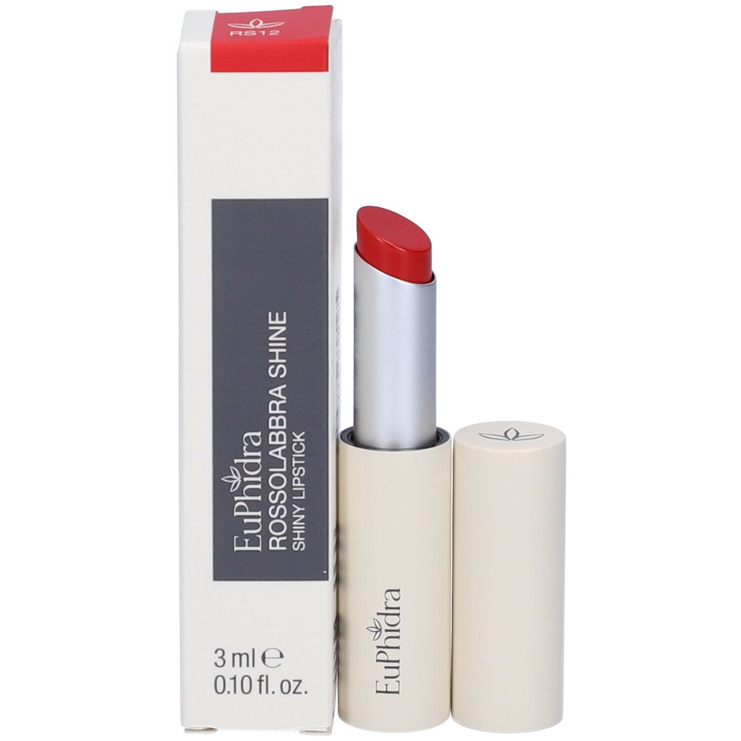 Rossetto rosso, astuccio argento, base beige, con confezione. Marchio Euphidra.