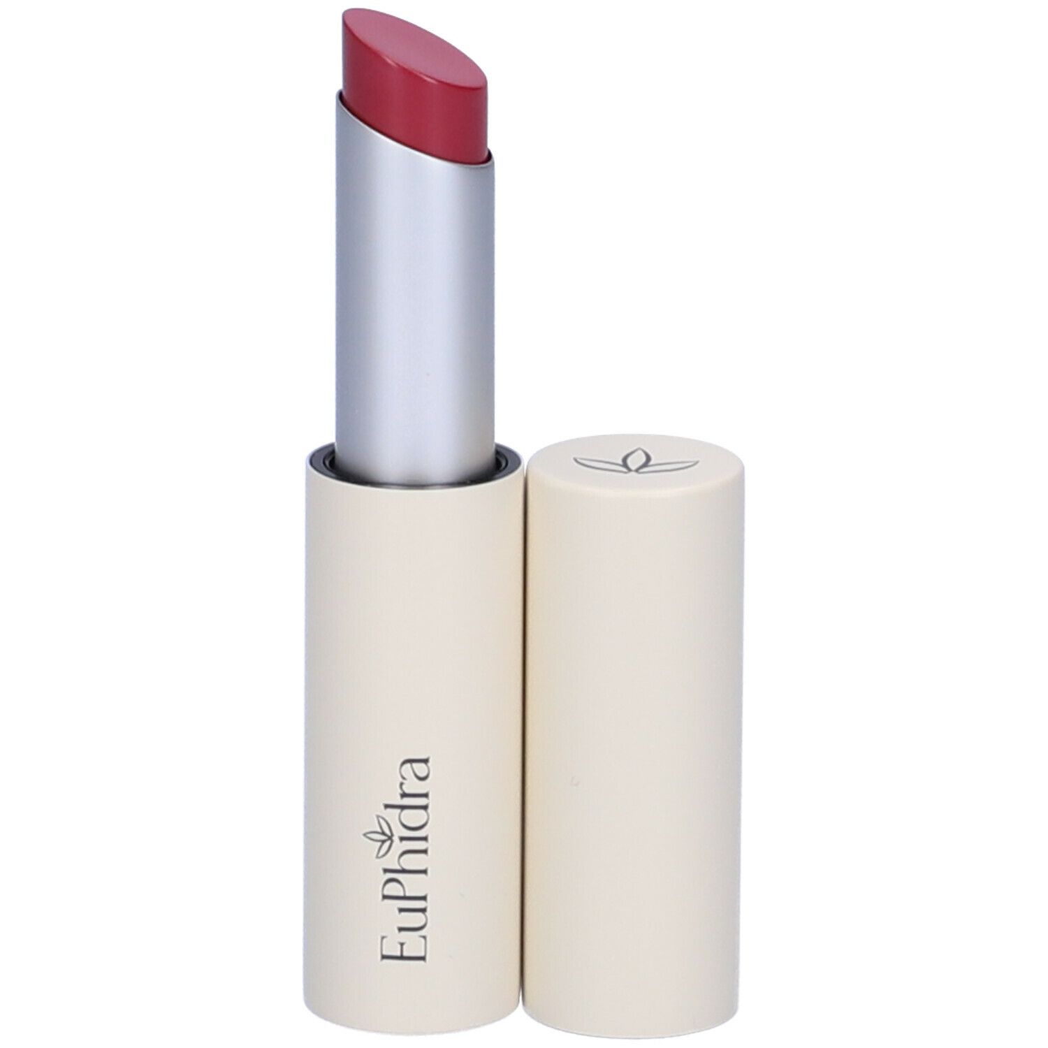 Rossetto con astuccio color crema e stelo argentato. Il rossetto è rosso. Il cappuccio è accanto.