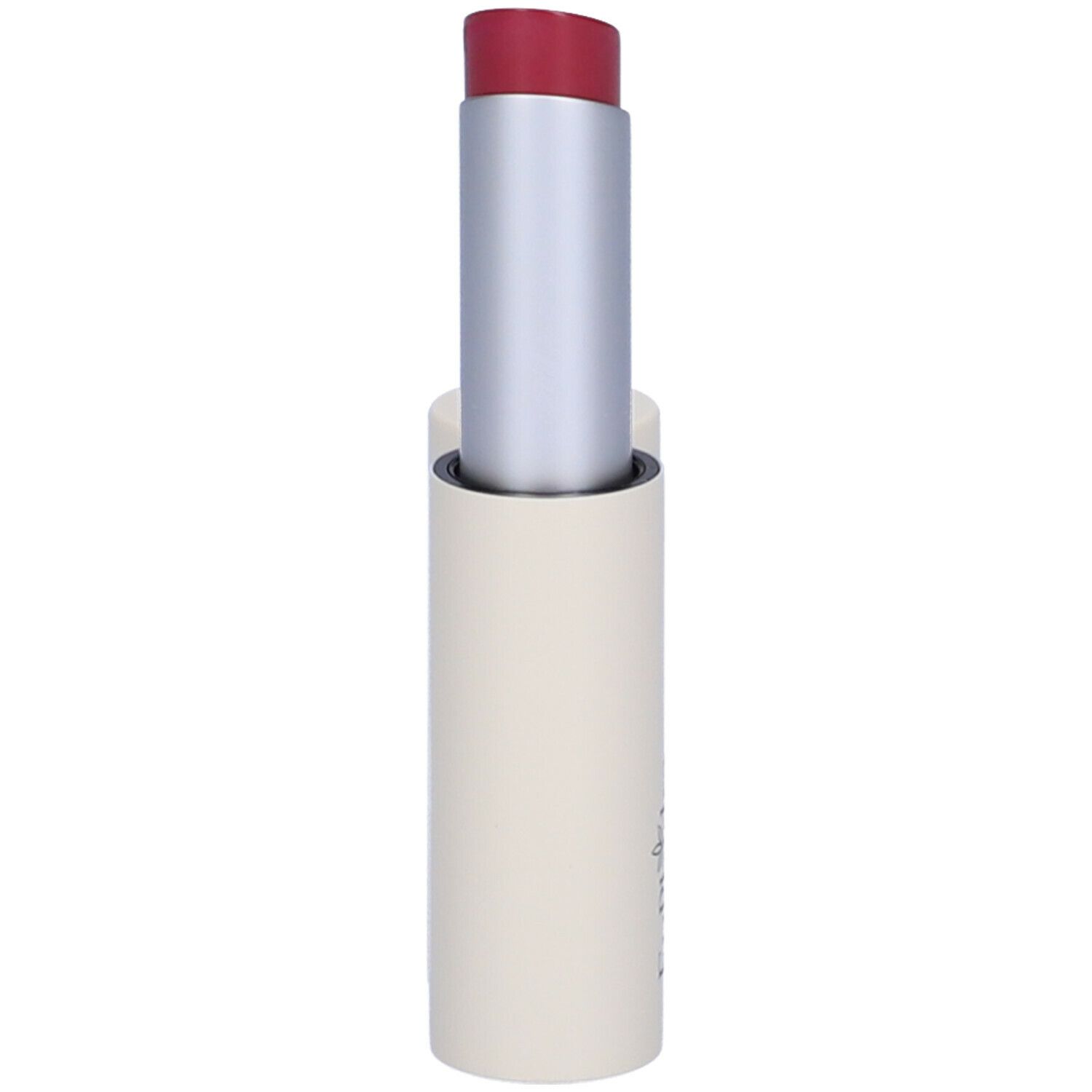 Rossetto con astuccio color crema e stelo argentato. Il rossetto è rosso.