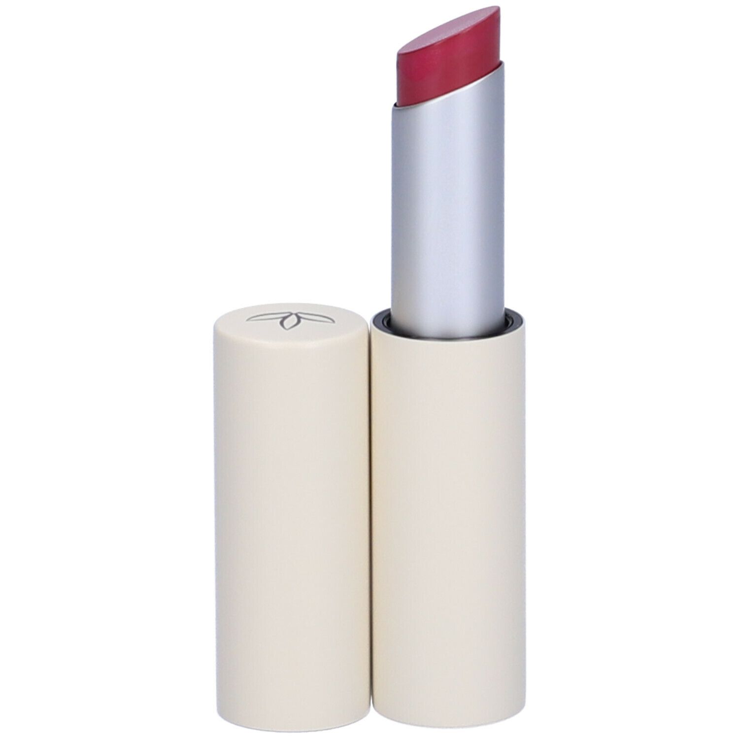 Rossetto con astuccio color crema e stelo argentato. Il rossetto è rosso. Il cappuccio è accanto.