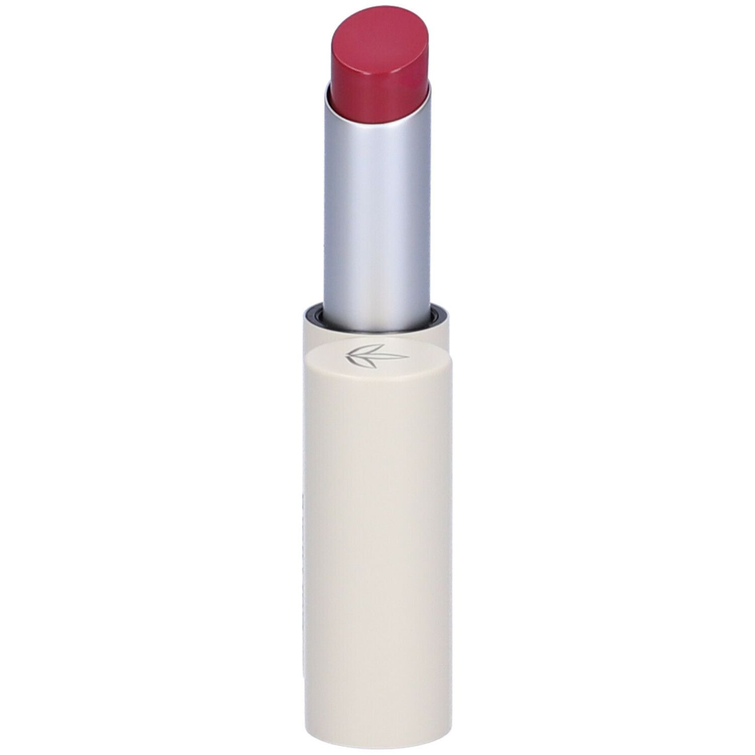 Rossetto con astuccio color crema e stelo argentato. Il rossetto è rosso.