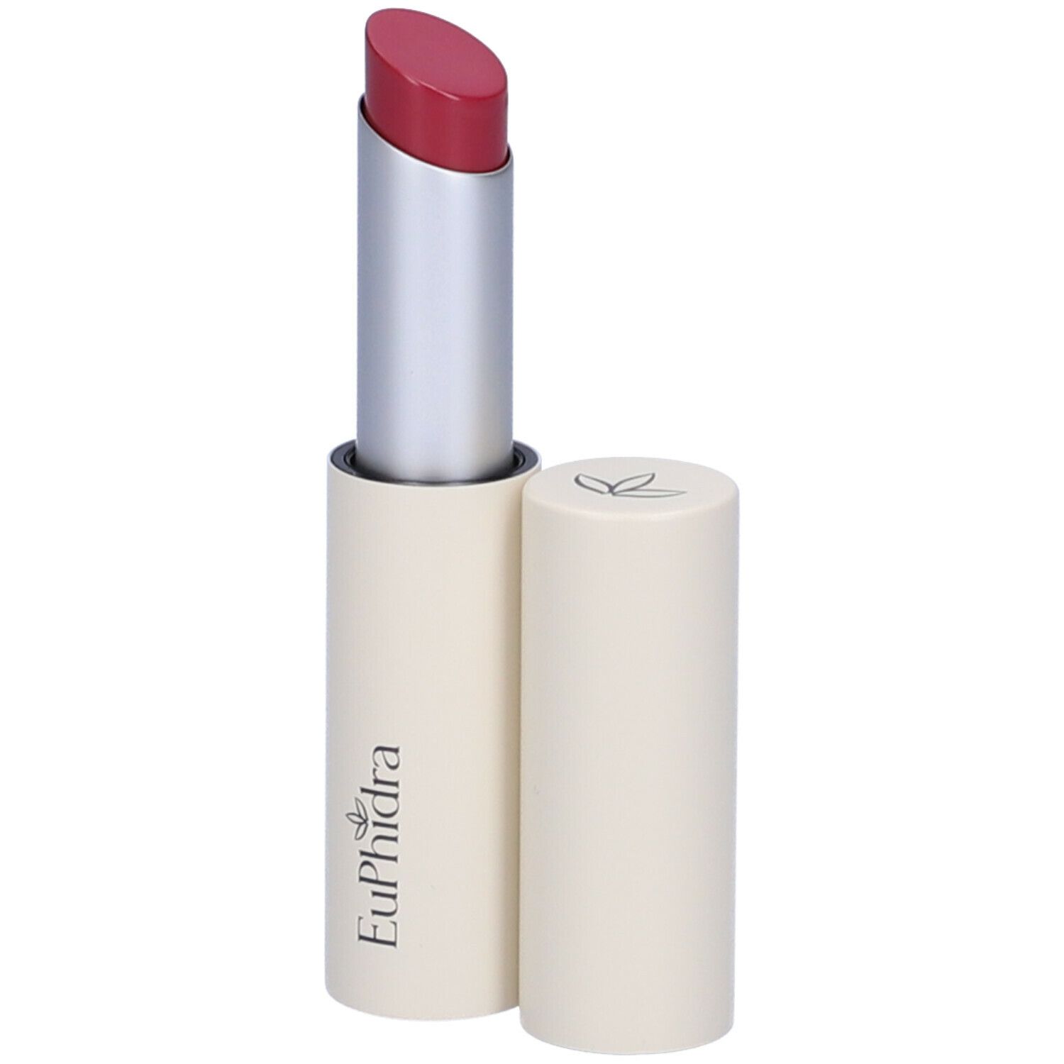 Rossetto con astuccio color crema e stelo argentato. Il rossetto è rosso. Il cappuccio è accanto.