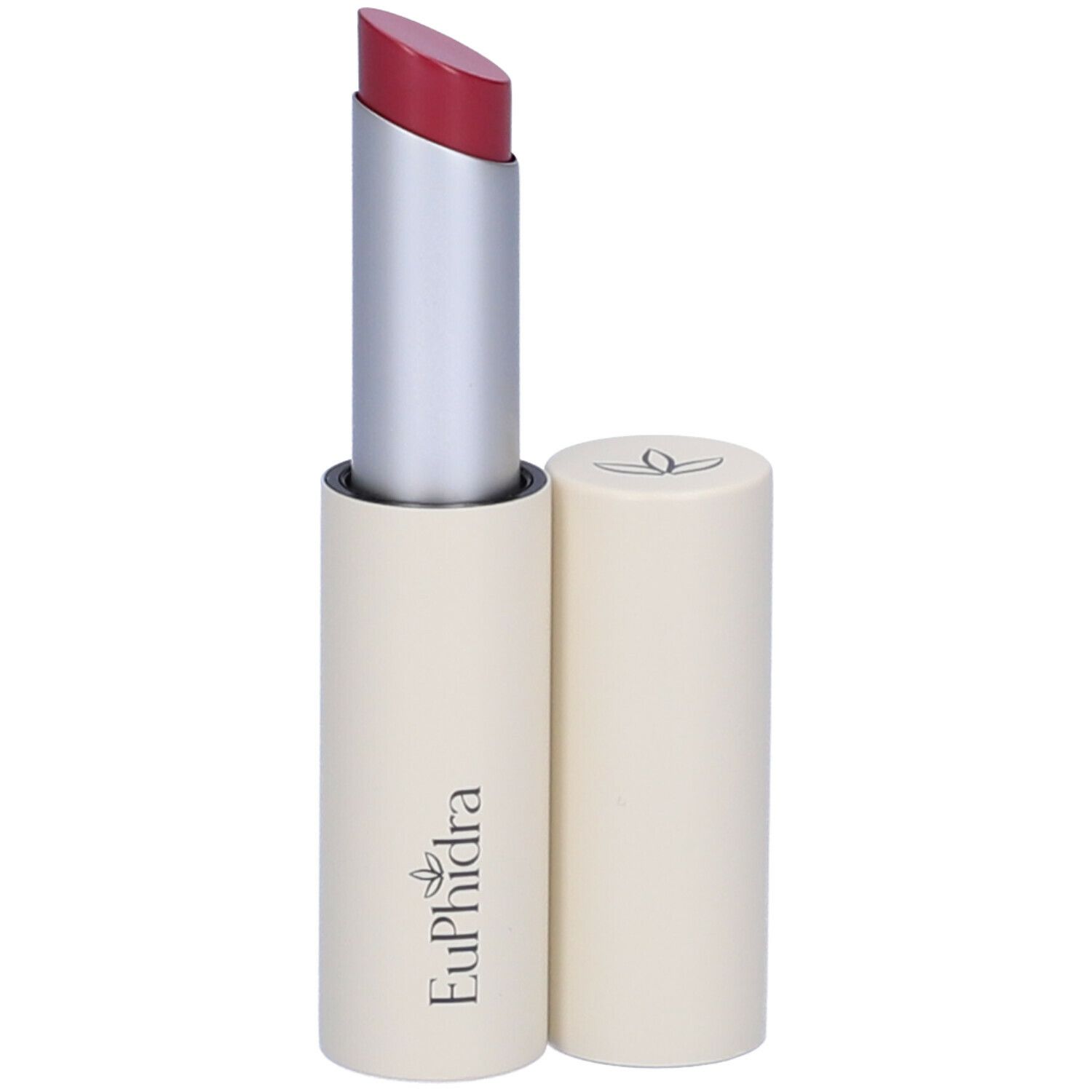 Rossetto con astuccio color crema e stelo argentato. Il rossetto è rosso. Il cappuccio è accanto.