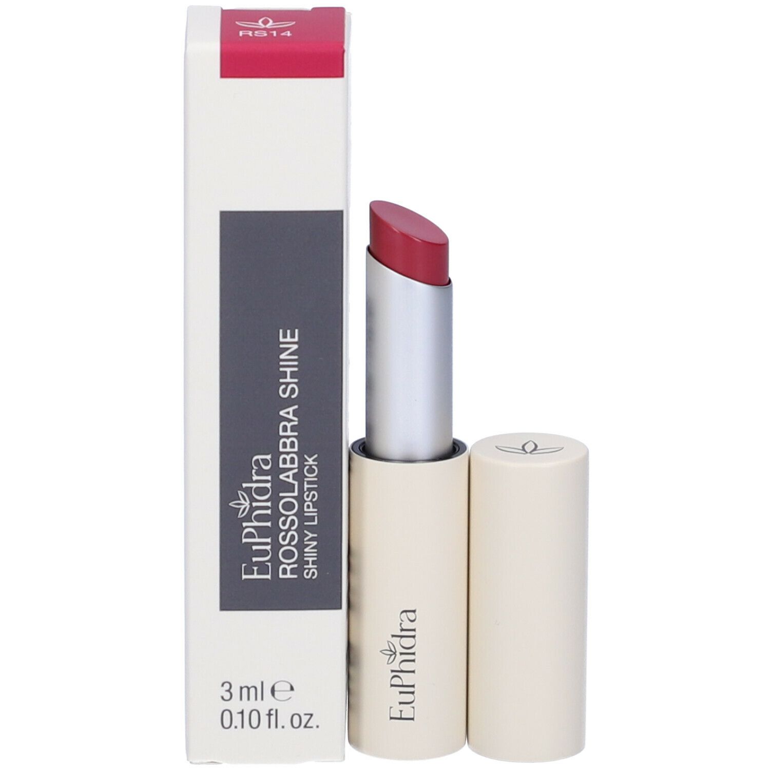 Rossetto con astuccio color crema e stelo argentato. Il rossetto è rosso. Accanto una confezione.