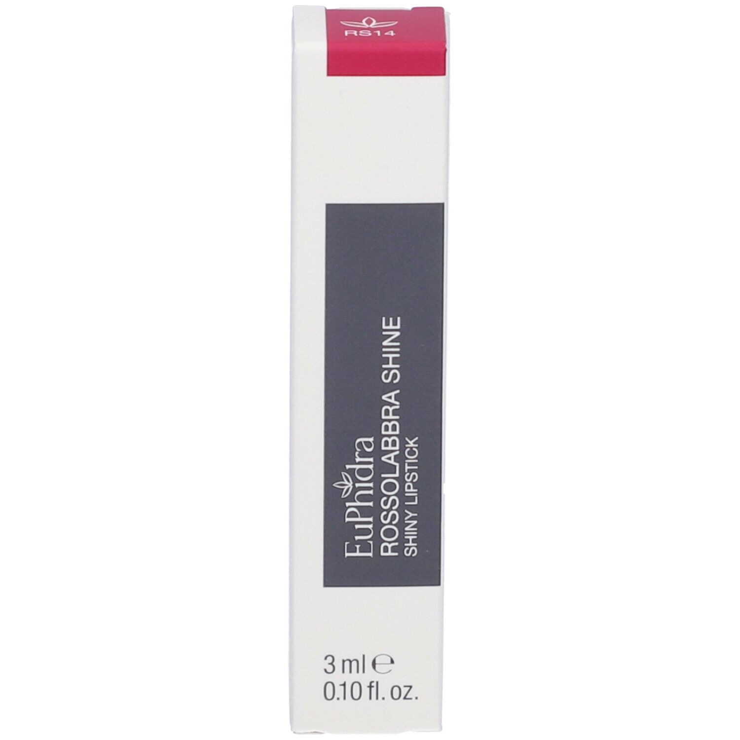 Confezione con rossetto rosso RS14. Scritta: Euphidra Rossolabbra Shine Shiny Lipstick, 3 ml.
