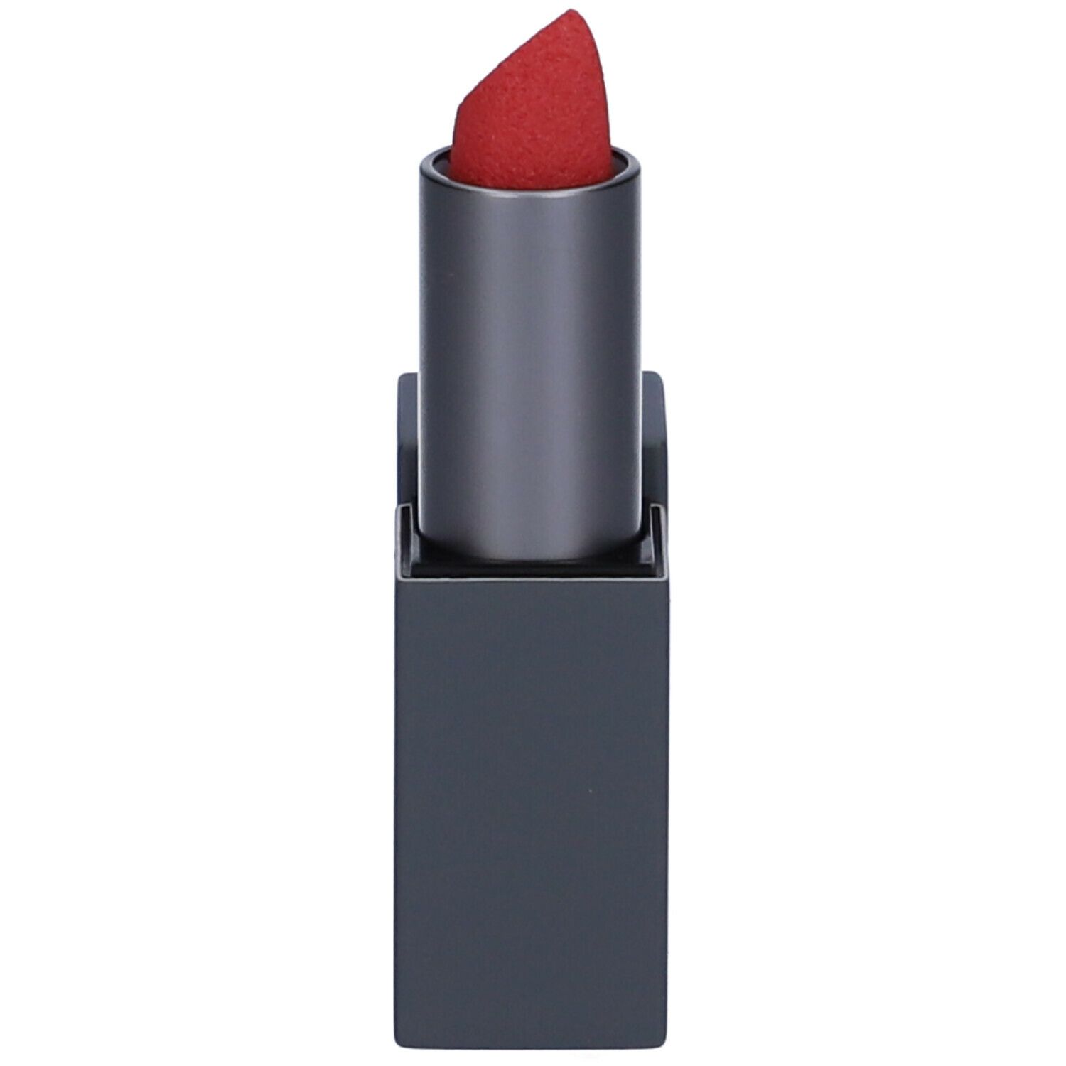 Rossetto rosso in astuccio antracite. Il coperchio è chiuso. Il rossetto è visibile.
